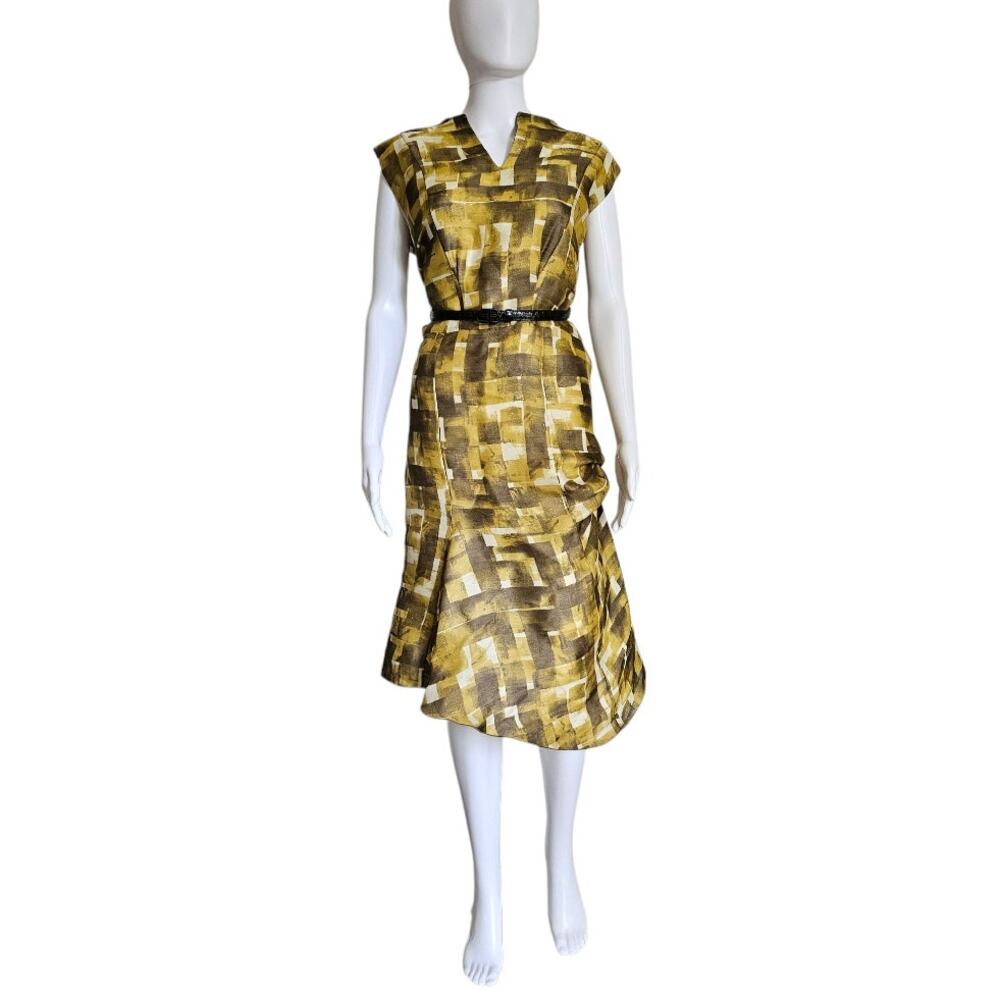 Marni Green Contemporary Asymmetric Midi Dress 8 Silk Linen Abstract Sleeveless